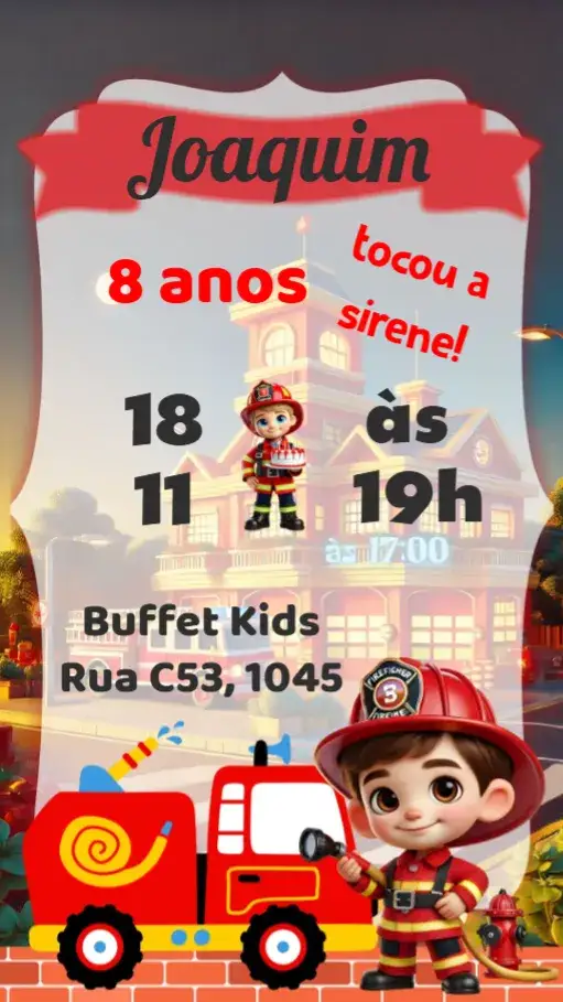 Convite Bombeiro – tema Aniversário Infantil cores vibrantes, estilo divertido, elementos de bombeiro, ilustrações lúdicas, design alegre, tema de aventura