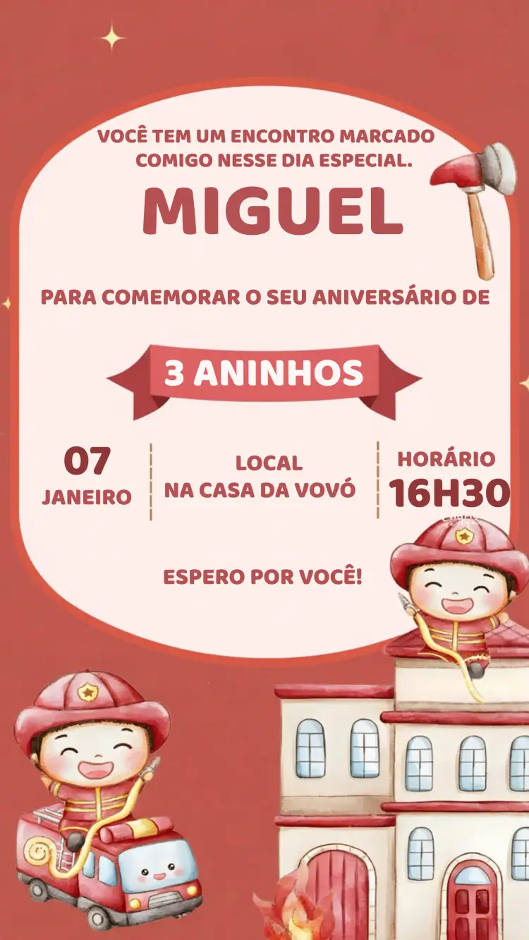 Convite Bombeiro Aquarela – tema Aniversário Infantil aquarela, colorido, temático, infantil, divertido