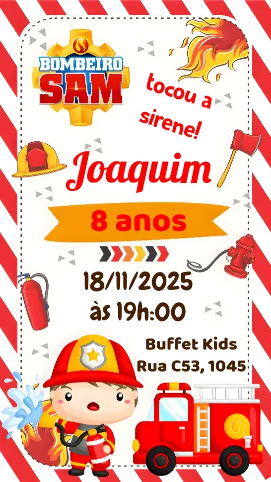 Convite Bombeiro Sam – tema Aniversário Infantil cores vibrantes, ilustrações de bombeiros, divertido, aventura, infantil, temática