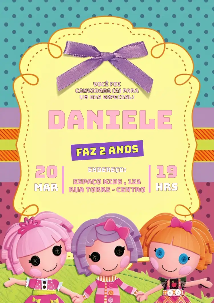 Convite Bonecas Lalaloopsy Colorido – tema Aniversário Infantil colorido, divertido, lúdico, infantil, casual