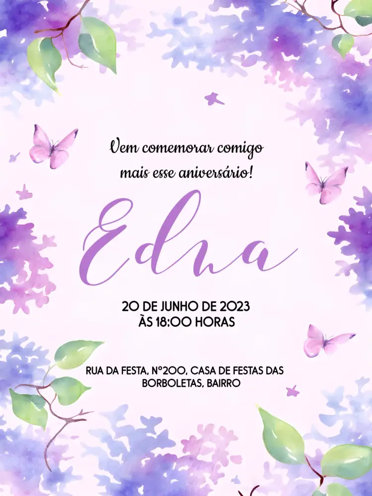 Convite Borboleta Adulto – tema Aniversário natureza, aquarela, elegante, colorido, moderno, floral