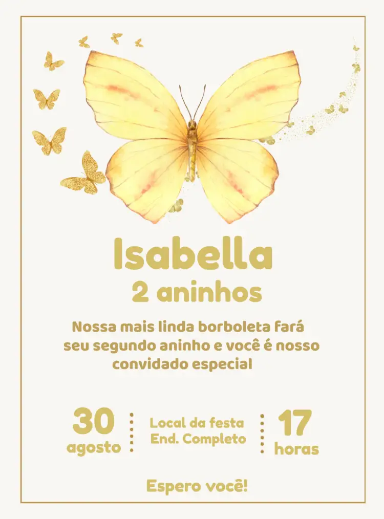 Convite Borboleta Amarela Encantado – tema Aniversário Infantil jardim encantado, colorido, dourado, infantil, floral