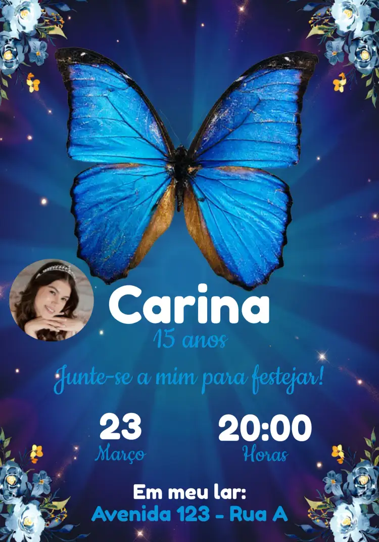Convite Borboleta Azul Com Foto Festa – tema Aniversário floral, aquarela, delicado, moderno, colorido, elegante