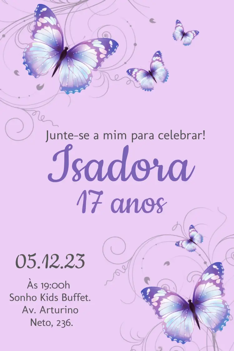 Convite Borboleta Roxo – tema Mais pesquisados floral, delicado, moderno, elegante, colorido, feminino