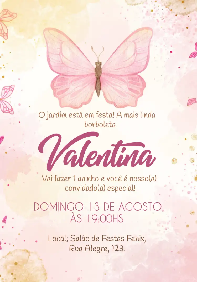 Convite Borboletas 1 – tema Datas Comemorativas rosa, marrom, branco, floral, infantil, delicado