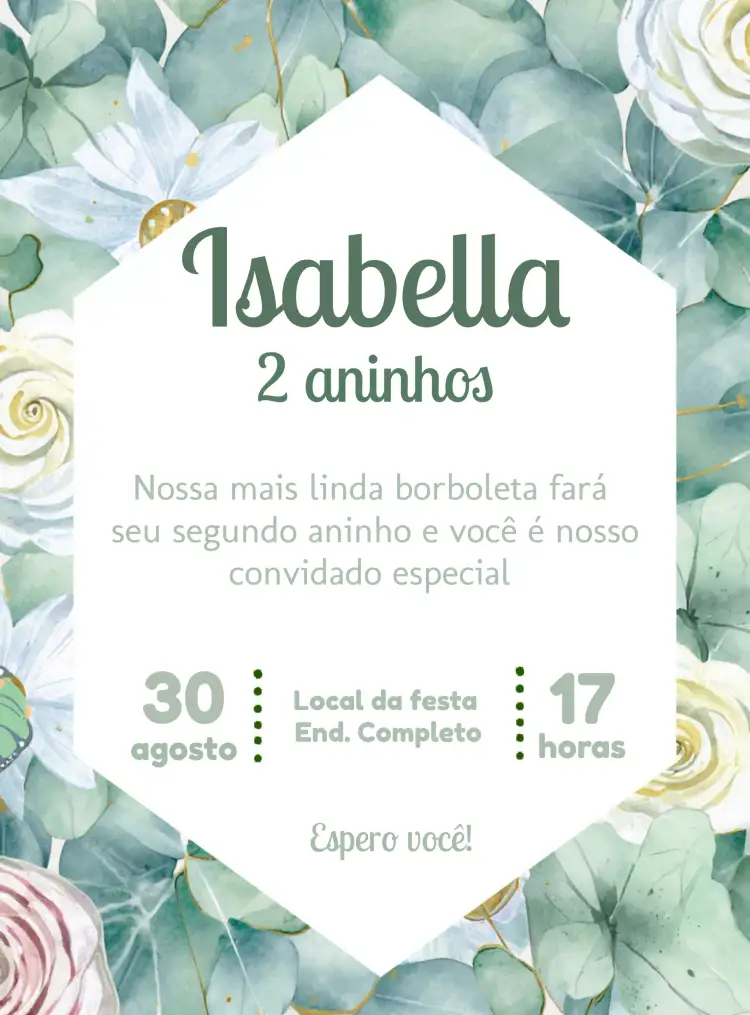 Convite Borboletas Verde Encantado – tema Aniversário Infantil jardim encantado, cores vibrantes, elementos naturais, lúdico, estilo alegre