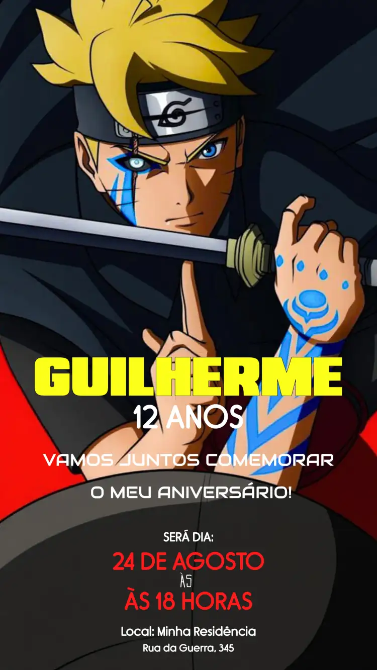 Convite Boruto Anime – tema Aniversário Infantil Anime, Ação