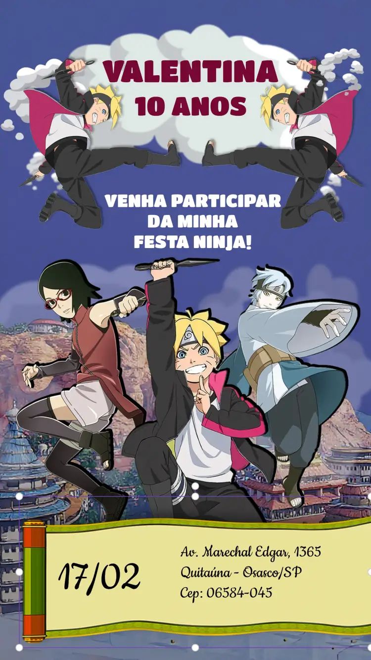 Convite Boruto Branco – tema Aniversário Infantil anime, cores vibrantes, personagens de desenho, estilo moderno, elementos gráficos de ação, inspirado em jutsu