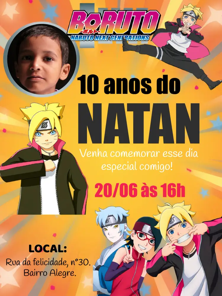 Convite Boruto Com Foto Naruto – tema Aniversário Infantil moderno, anime, vibrante, divertido, temático