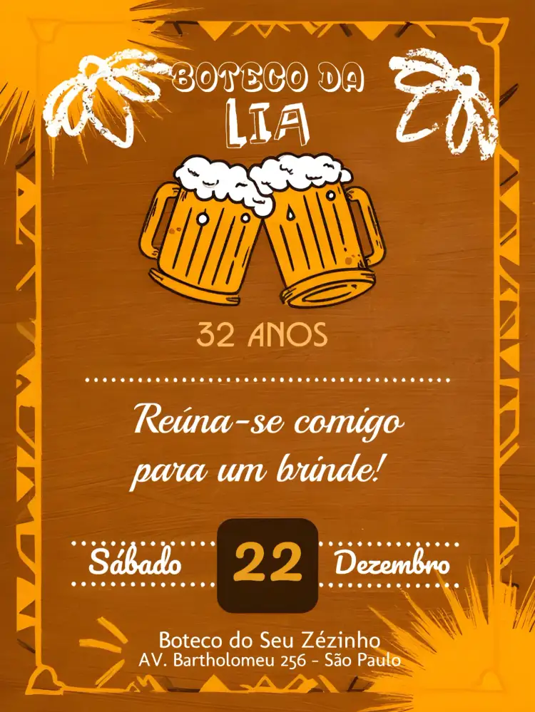 Convite Boteco Adulto – tema Aniversário preto, laranja, moderno, descontraído, temático, vintage