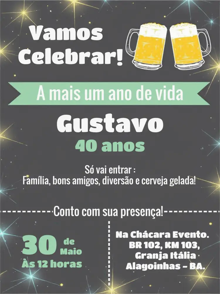 Convite Boteco Adulto – tema Aniversário estilo boteco, cores quentes, elementos gráficos de bar, design informal, toques vintage, ilustrações de bebidas