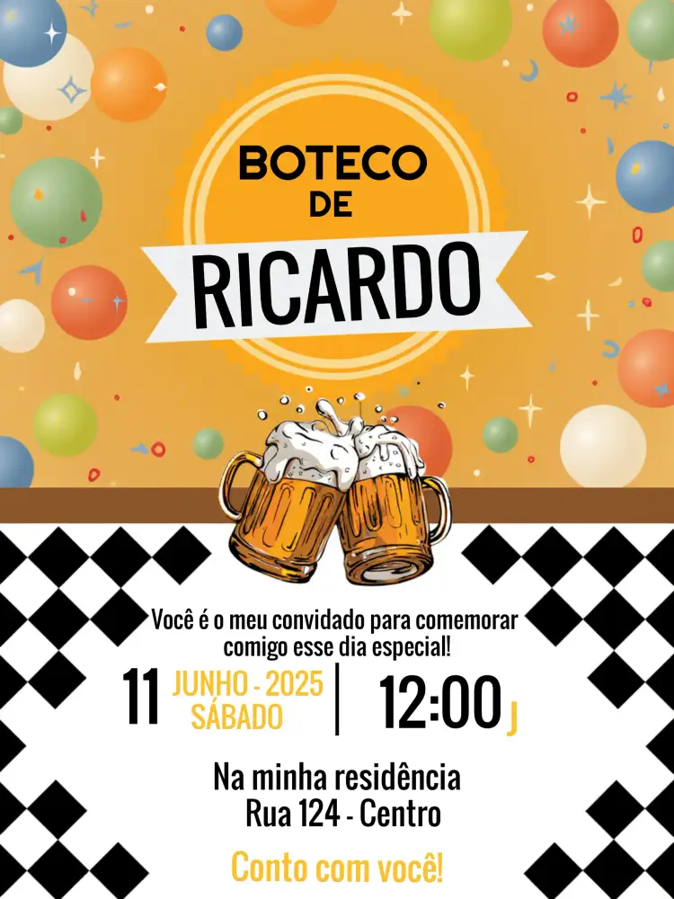 Convite Boteco Adulto – tema Aniversário chalkboard, rústico, moderno, amarelo e marrom, descontraído, festivo