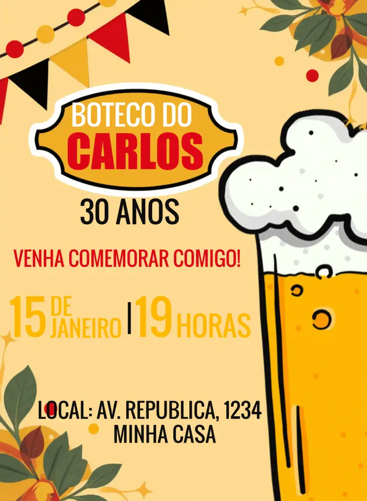 Convite Boteco Bebidas – tema Aniversário vibrante, moderno, divertido, descontraído, tropical, estilo boteco