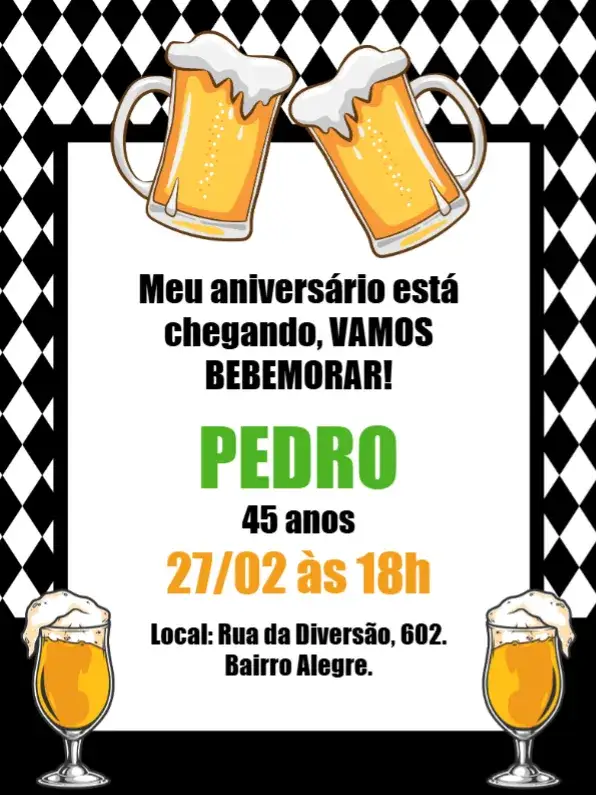 Convite Boteco Cerveja Masculino – tema Aniversário estilo boteco, cores quentes, elementos gráficos de cerveja, vintage, moderno, descontraído