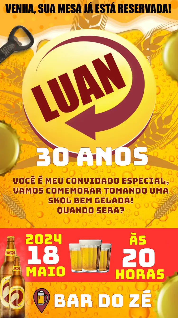 Convite Boteco Cerveja Skoll Amarelo – tema Aniversário boteco, colorido, vibrante, moderno, divertido