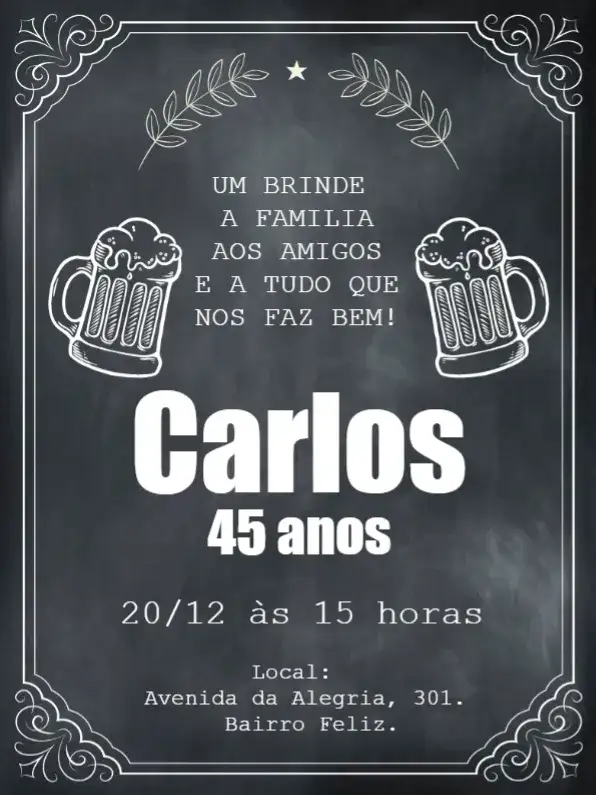 Convite Boteco Chalkboard Bebida – tema Aniversário quadro negro, estilo boteco, elementos gráficos de bebida, cores sóbrias, design rústico