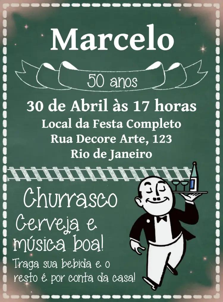 Convite Boteco Chalkboard Branco – tema Aniversário chalkboard, rústico, moderno, verde e branco, boteco, descontraído