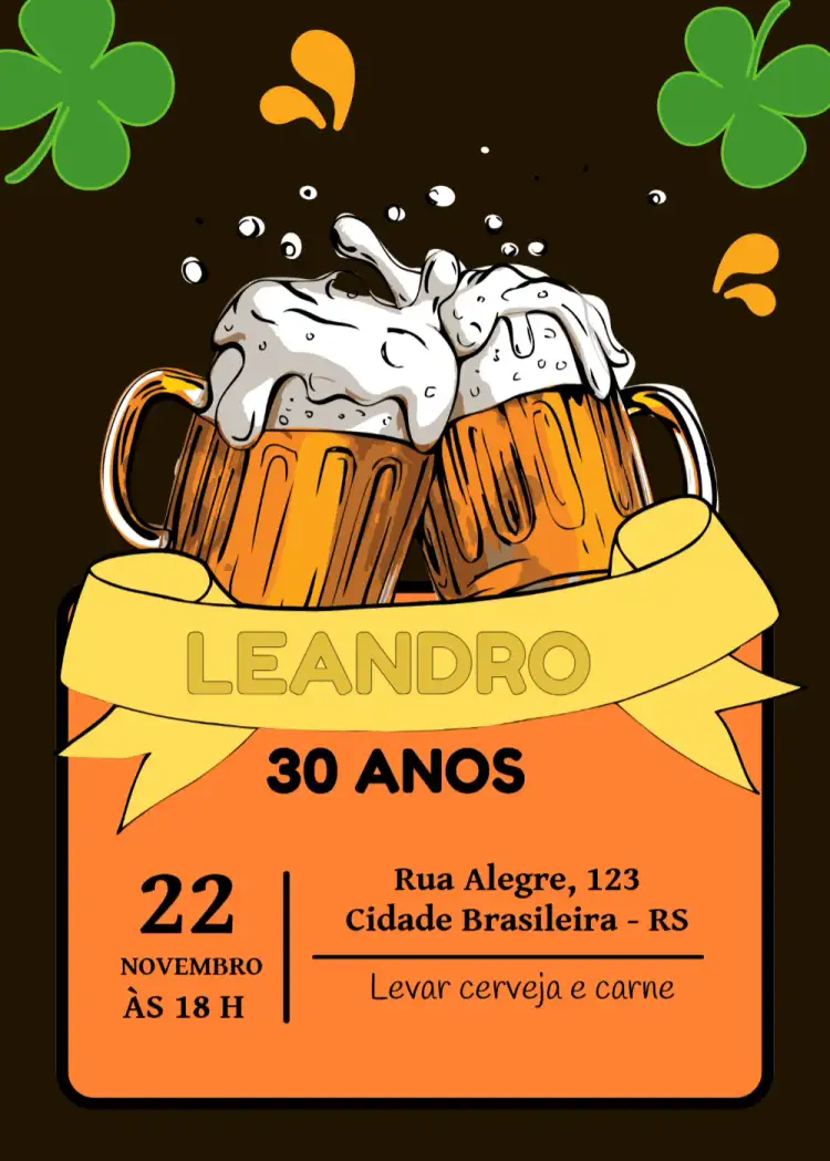 Convite Boteco Chopp Preto – tema Aniversário boteco, moderno, divertido, colorido, casual, urbano