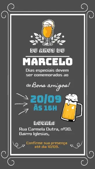 Convite Boteco Churrasco Giz – tema Aniversário boteco, moderno, chalkboard, casual, elegante