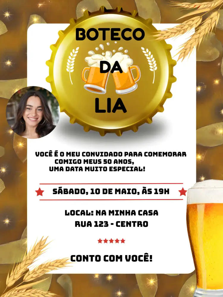 Convite Boteco Com Foto Cerveja – tema Aniversário boteco, casual, vibrante, divertido, moderno