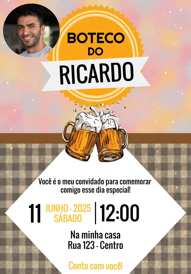 Convite Boteco Com Foto Lousa – tema Aniversário chalkboard, boteco, moderno, descontraído, amarelo e preto