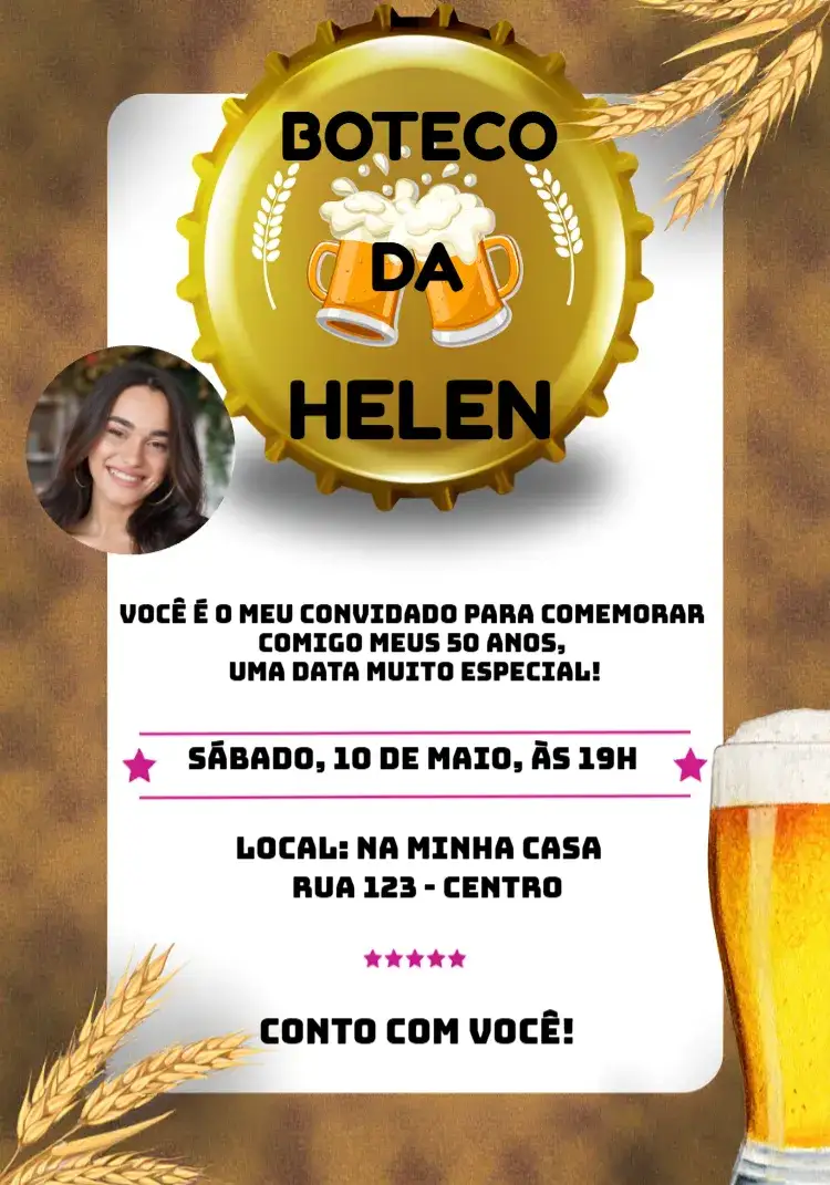 Convite Boteco Com Foto Quadriculado – tema Aniversário boteco, quadriculado, colorido, descontraído, moderno, divertido