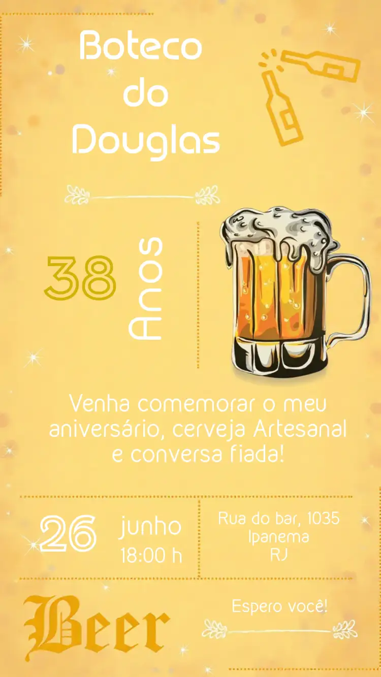 Convite Boteco Preto – tema Aniversário preto, amarelo, moderno, boêmio, descontraído, vintage