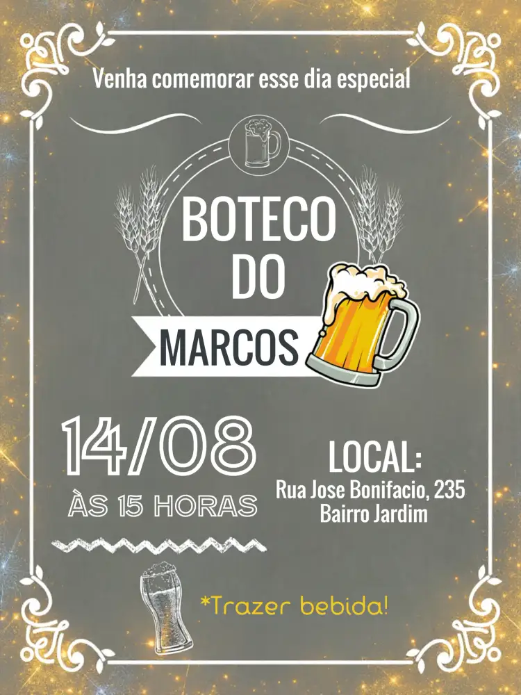 Convite Boteco Quadro Negro Giz Amigos – tema Aniversário boteco, quadro negro, estilo vintage, cores vibrantes, elementos gráficos divertidos