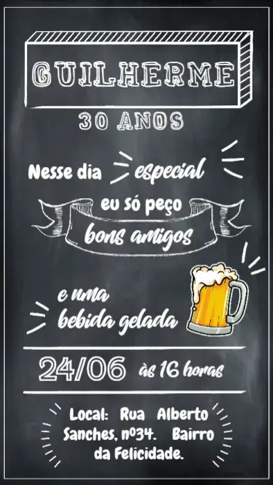 Convite Boteco Quadro Negro Preto – tema Aniversário preto e branco, chalkboard, moderno, rústico, descontraído, boêmio