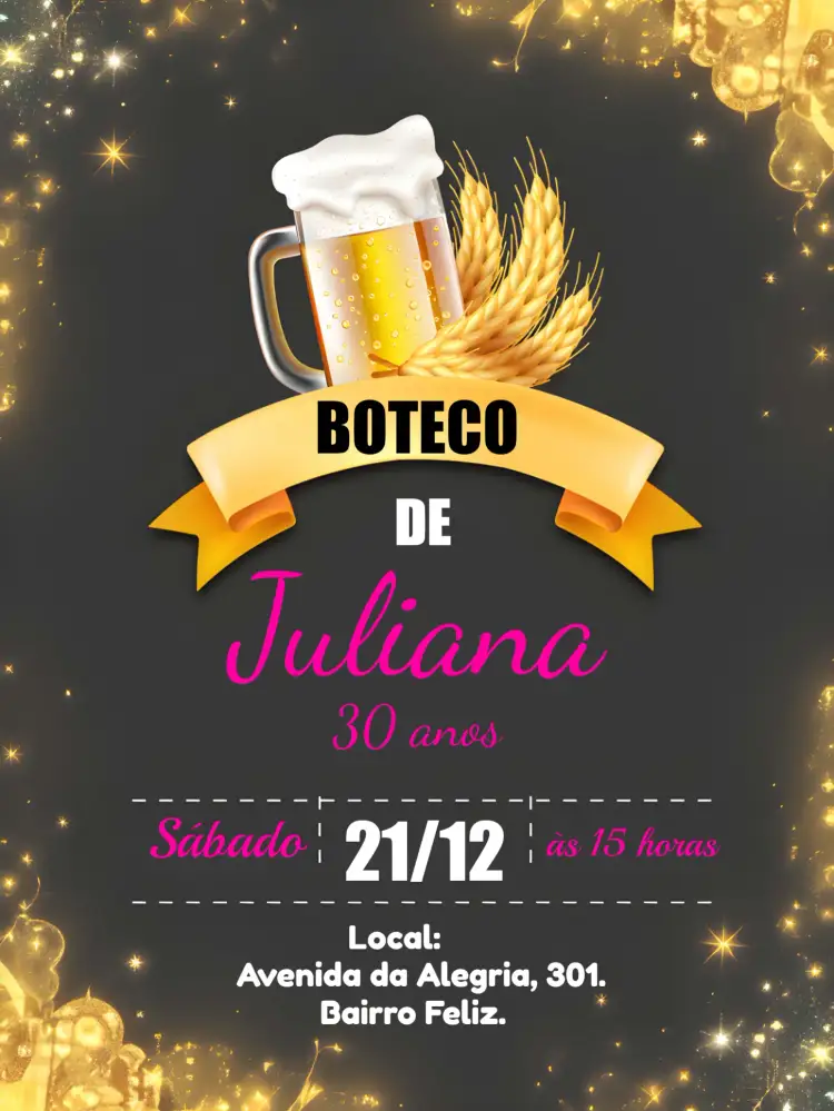Convite Boteco Rosa Chopp – tema Aniversário rosa vibrante, estilo boteco, churrasco, elementos gráficos de cerveja, design alegre, estilo descontraído