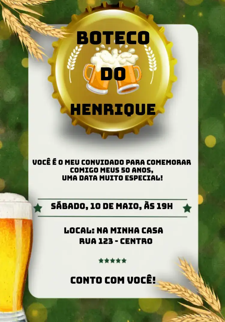 Convite Boteco Verde – tema Aniversário boteco, moderno, vibrante, descontraído, quadriculado, cervejeiro