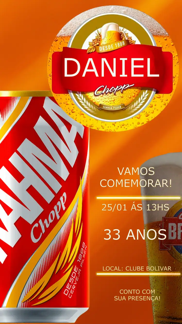 Convite Brahma Cerveja Adulto – tema Aniversário vermelho, boteco, descontraído, moderno, vintage