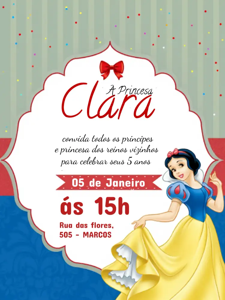 Convite Branca De Neve – tema Aniversário Infantil colorido, infantil, fantasioso, lúdico, princesas, natureza