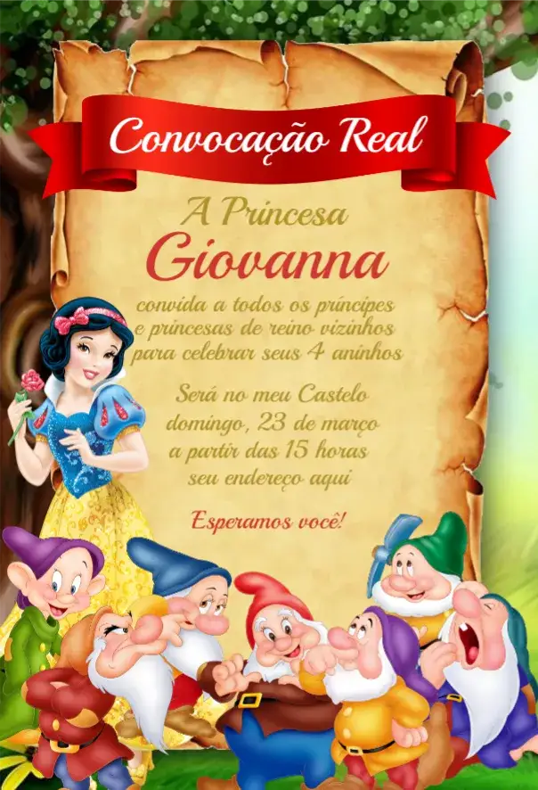 Convite Branca de neve 2 – tema Aniversário cores vibrantes, elementos de contos de fadas, estilo infantil, design moderno, gráficos divertidos, tema Disney