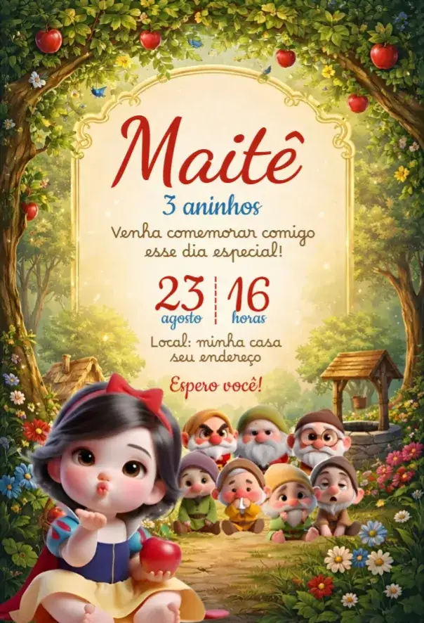 Convite Branca de neve 2 – tema Aniversário cores vibrantes, ilustrações infantis, elementos de contos de fadas, estilo alegre, design divertido