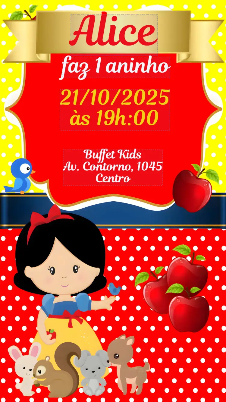 Convite Branca de Neve – tema Aniversário Infantil colorido, lúdico, fantasia, mágico, princesas, conto de fadas