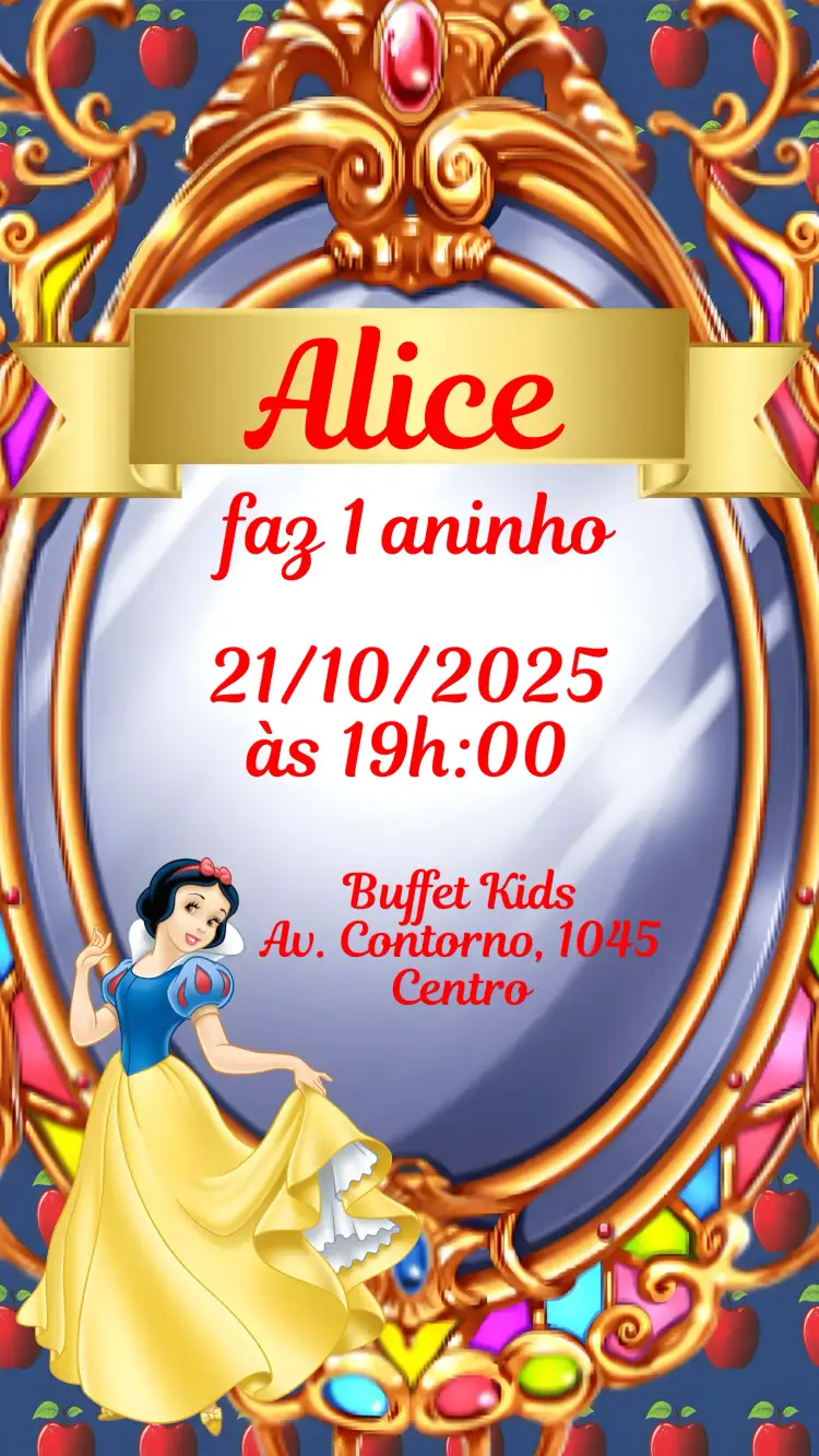 Convite Branca de Neve – tema Aniversário Infantil cores pastel, ilustrações de contos de fadas, elementos florais, estilo lúdico, detalhes encantadores, design infantil