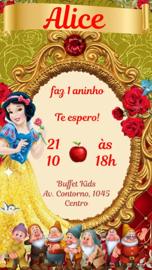 Convite Branca de Neve – tema Aniversário Infantil cores vibrantes, estilo lúdico, elementos da floresta, ilustração divertida, mágico, princesas