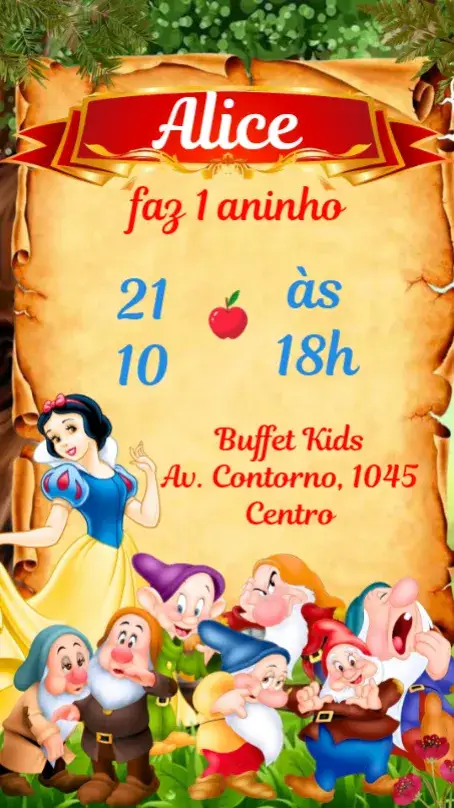 Invitación Blanca Nieves – tema Cumpleaños Infantil princesa, cuento de hadas, colorido, alegre, infantil