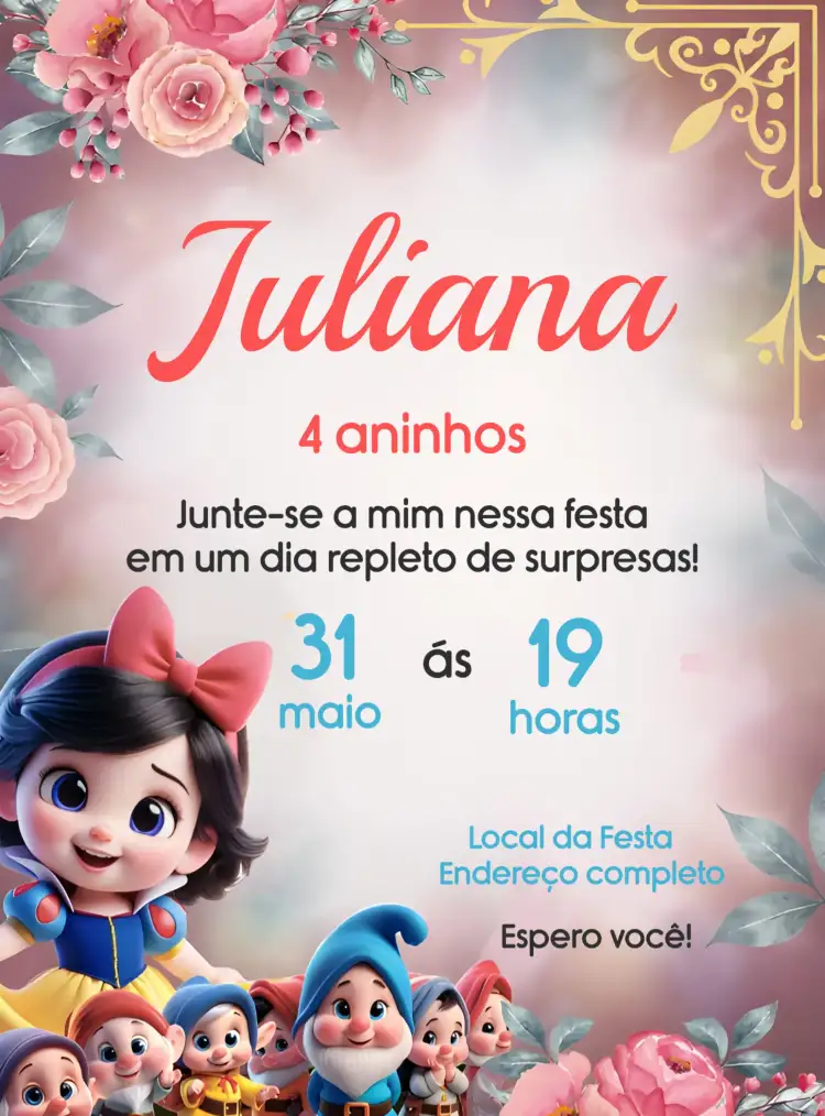 Convite Branca De Neve Baby – tema Mais pesquisados cores suaves, ilustrações lúdicas, elementos da floresta, estilo conto de fadas, design colorido, tema mágico