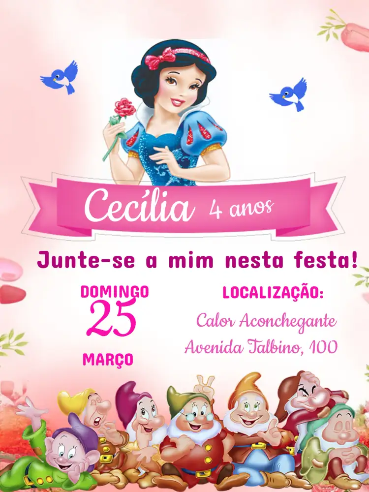 Convite Branca De Neve Colorido – tema Aniversário Infantil colorido, lúdico, temática Disney, mágico, vibrante, infantil