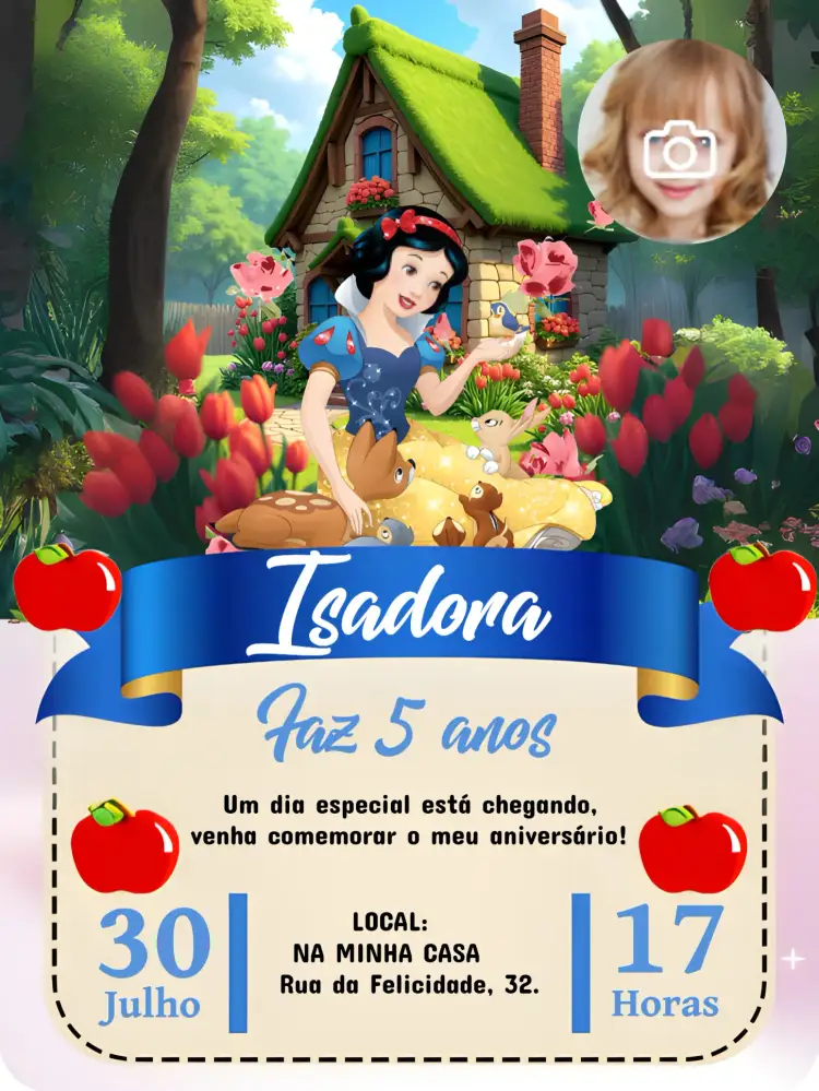 Convite Branca De Neve Com Foto Menina – tema Mais pesquisados Disney, colorido, infantil, fantasia, vibrante