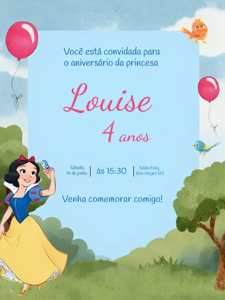 Convite Branca De Neve – tema Mais pesquisados colorido, floresta, princesa, mágico, infantil