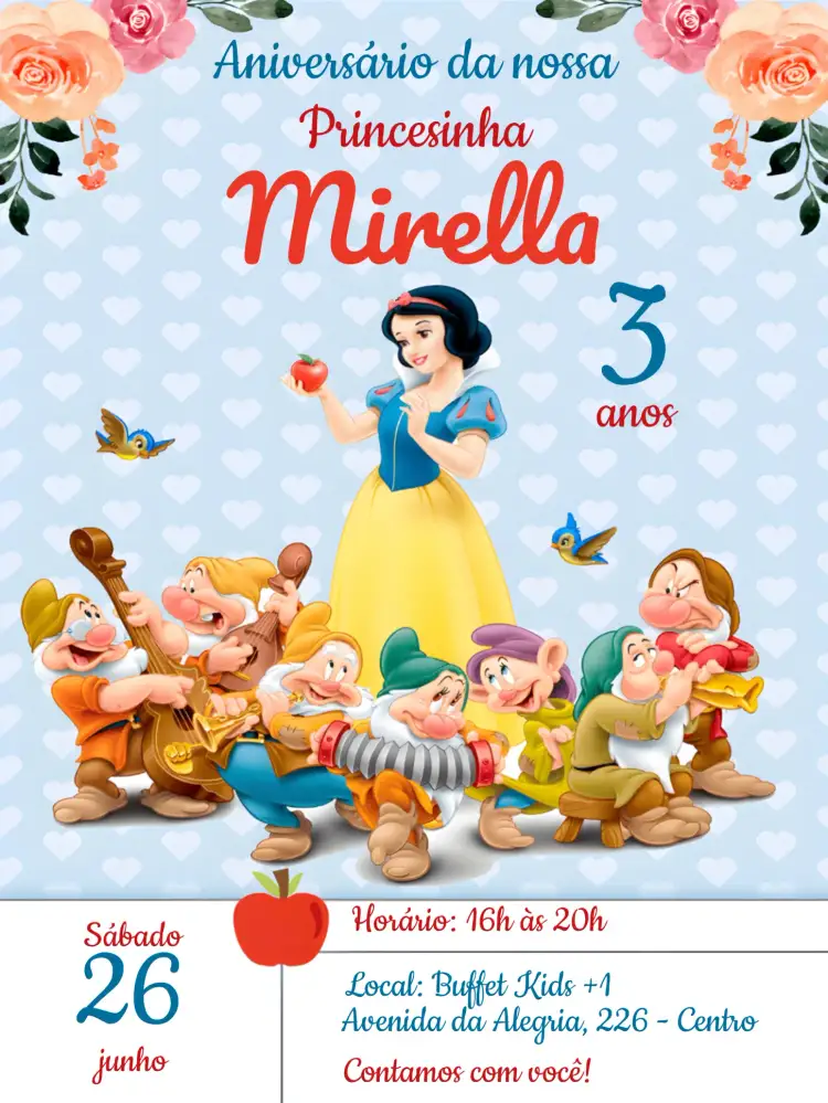 Convite Branca De Neve E Os 7 Anões – tema Mais pesquisados colorido, lúdico, fantasia, ilustrações infantis, estilo clássico, divertido