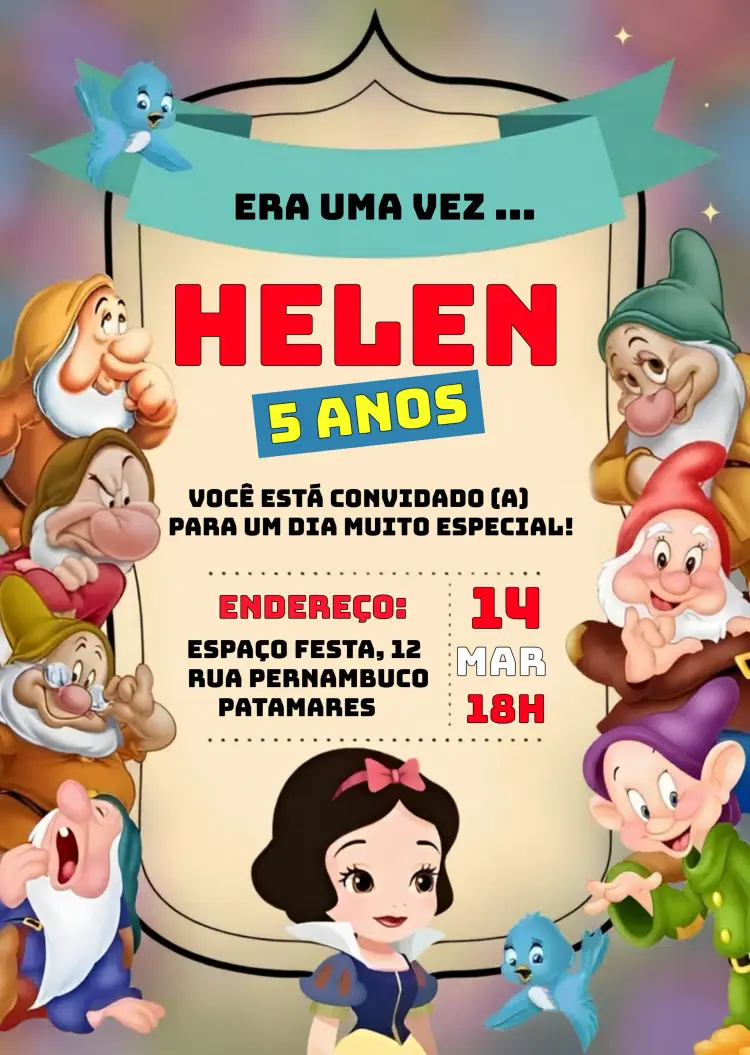Convite Branca De Neve E Os Sete Anões Disney editável e personalizável