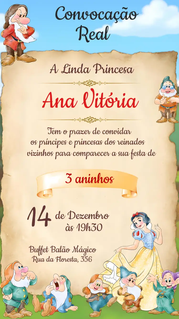 Convite Branca De Neve E Os Sete Anões Floresta – tema Mais pesquisados aquarela, vibrante, fantasia, floresta encantada, colorido, lúdico