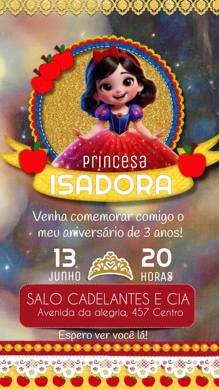 Convite Branca De Neve E Os Sete Anões Glitter – tema Mais pesquisados brilhante, colorido, infantil, temático, mágico
