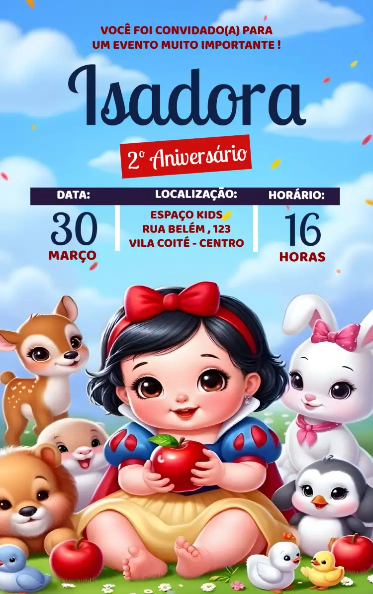 Convite Branca De Neve E Os Sete Anões Maçã – tema Mais pesquisados cores vibrantes, estilo lúdico, elementos gráficos da Disney, maçã mágica, estética infantil, ilustrações encantadoras