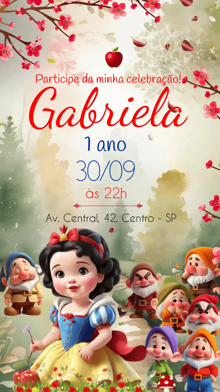 Convite Branca De Neve Festa – tema Mais pesquisados colorido, fantasia, princesa, mágico, infantil, divertido
