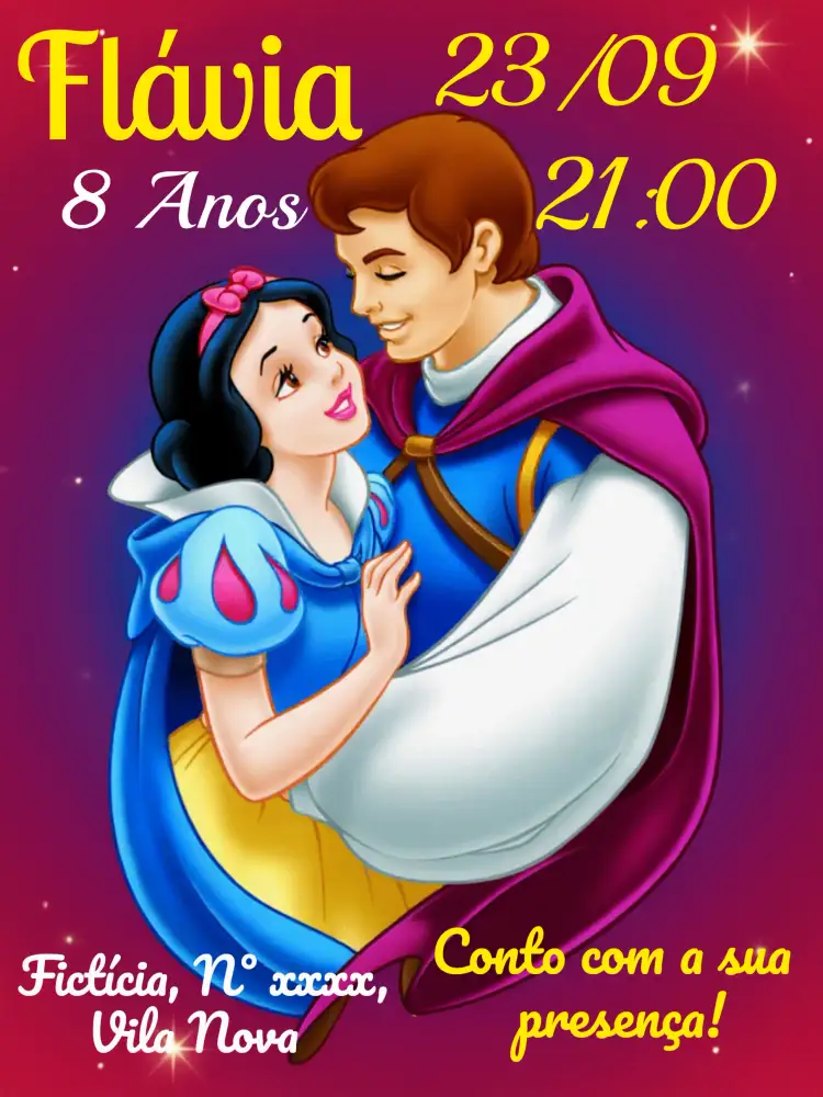 Convite Branca De Neve Preto... – tema Chá de Panela contos de fadas, cores vibrantes, estilo lúdico, elementos gráficos encantadores, design moderno, mágico